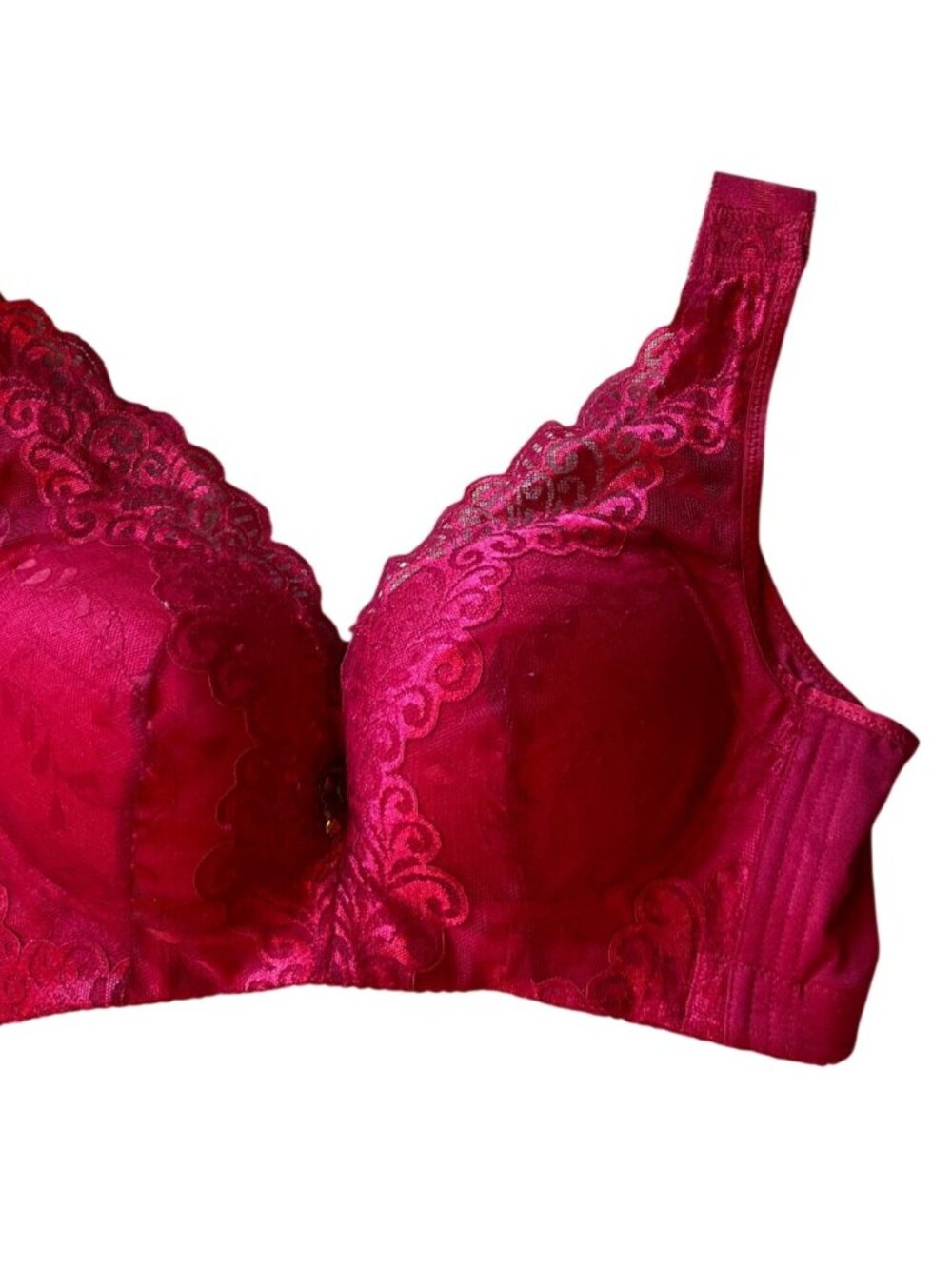 BRA red lace full coverage wide straps side wings 34C 38/85